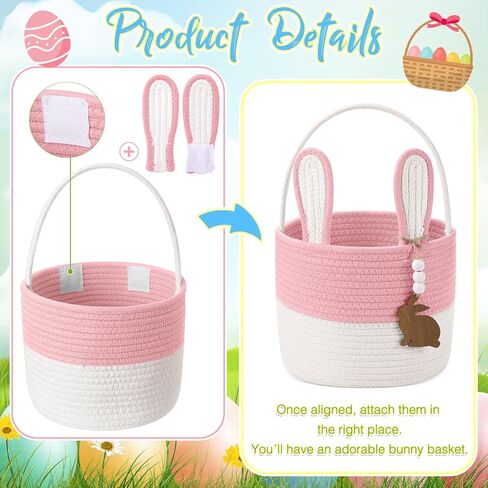 2 Pcs Large Easter Baskets Woven Rope Bunny Basket Unique Easter Basket with Rabbit Wood Name Tags for Egg Hunt Girls Boys(Green White,Purple White) in Kuwait