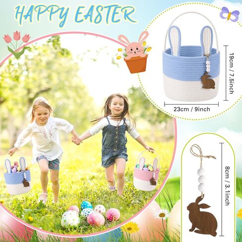 2 Pcs Large Easter Baskets Woven Rope Bunny Basket Unique Easter Basket with Rabbit Wood Name Tags for Egg Hunt Girls Boys(Green White,Purple White) in Kuwait