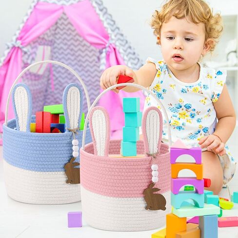 2 Pcs Large Easter Baskets Woven Rope Bunny Basket Unique Easter Basket with Rabbit Wood Name Tags for Egg Hunt Girls Boys(Green White,Purple White) in Kuwait