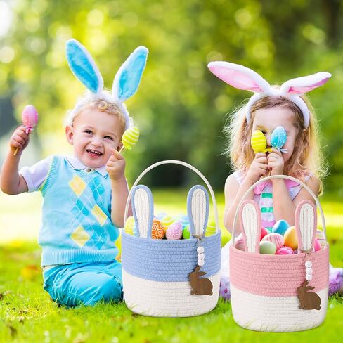 2 Pcs Large Easter Baskets Woven Rope Bunny Basket Unique Easter Basket with Rabbit Wood Name Tags for Egg Hunt Girls Boys(Green White,Purple White) in Kuwait