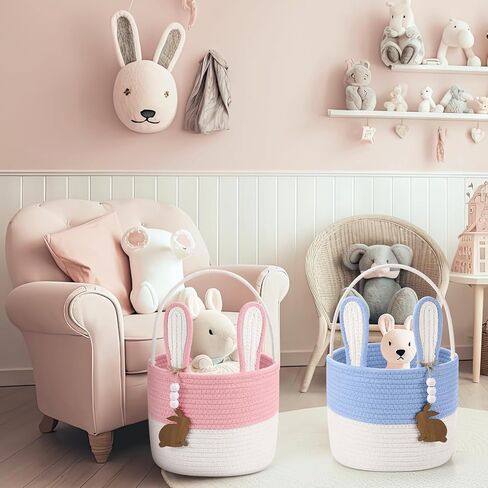 2 Pcs Large Easter Baskets Woven Rope Bunny Basket Unique Easter Basket with Rabbit Wood Name Tags for Egg Hunt Girls Boys(Green White,Purple White) in Kuwait