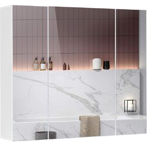 Medicine Cabinets Bathroom Mirror Cabinet with 3 Door 31.5x23.6 Inch Bathroom Wall Cabinet with Mirror Wall Mirror Storage Shelf with 3-Adjustable Shelves Storage Organizer Kitchen Cupboard,White in Saudi Arabia