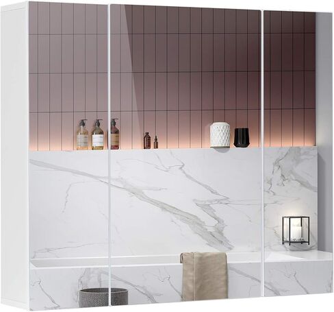 Medicine Cabinets Bathroom Mirror Cabinet with 3 Door 31.5x23.6 Inch Bathroom Wall Cabinet with Mirror Wall Mirror Storage Shelf with 3-Adjustable Shelves Storage Organizer Kitchen Cupboard,White in Saudi Arabia