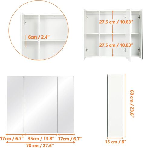 Medicine Cabinets Bathroom Mirror Cabinet with 3 Door 31.5x23.6 Inch Bathroom Wall Cabinet with Mirror Wall Mirror Storage Shelf with 3-Adjustable Shelves Storage Organizer Kitchen Cupboard,White in Saudi Arabia
