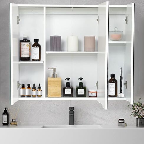 Medicine Cabinets Bathroom Mirror Cabinet with 3 Door 31.5x23.6 Inch Bathroom Wall Cabinet with Mirror Wall Mirror Storage Shelf with 3-Adjustable Shelves Storage Organizer Kitchen Cupboard,White in Saudi Arabia