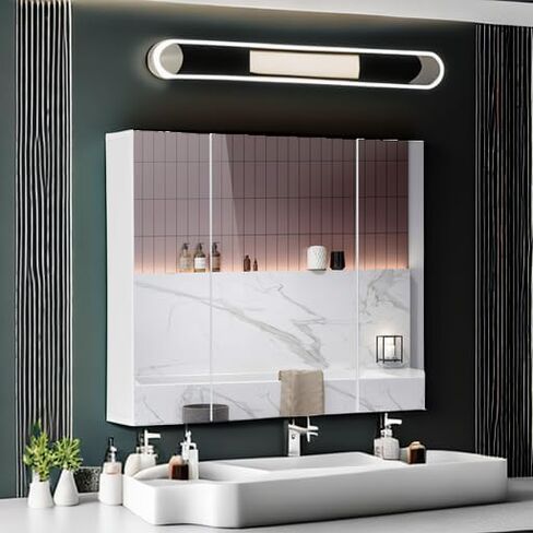 Medicine Cabinets Bathroom Mirror Cabinet with 3 Door 31.5x23.6 Inch Bathroom Wall Cabinet with Mirror Wall Mirror Storage Shelf with 3-Adjustable Shelves Storage Organizer Kitchen Cupboard,White in Saudi Arabia