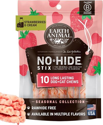 Earth Animal No-Hide Seasonal Stix Strawberries & Cream Recipe Natural Rawhide Alternative Dog & Cat Chews, 10 Count Pack of 1 in Kuwait