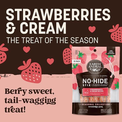 Earth Animal No-Hide Seasonal Stix Strawberries & Cream Recipe Natural Rawhide Alternative Dog & Cat Chews, 10 Count Pack of 1 in Kuwait