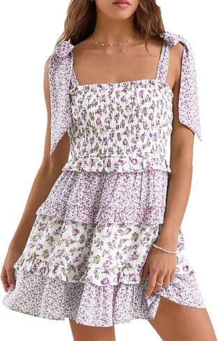Women Y2K Tie Shoulder Mini Dress Bow Babydoll Ruffle Short Dress Summer Boho Floral Flowy Beach Sundress in Saudi Arabia