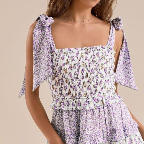 Women Y2K Tie Shoulder Mini Dress Bow Babydoll Ruffle Short Dress Summer Boho Floral Flowy Beach Sundress in Saudi Arabia