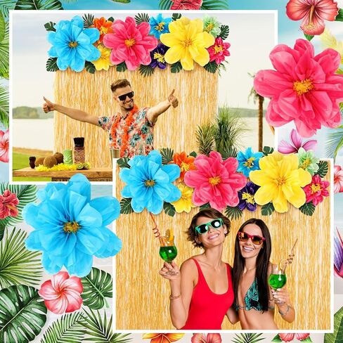 22 Pcs Hawaiian Luau Beach Backdrop with Colorful Paper Flowers Decorations Set 5. 6ft x 3. 3ft Luau Grass Backdrop 3D Hibiscus Paper Flower Palm Leaves for Aloha Luau Party Decorations in Saudi Arabia