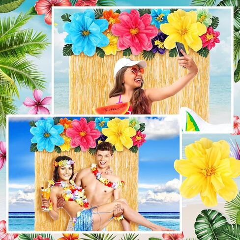 22 Pcs Hawaiian Luau Beach Backdrop with Colorful Paper Flowers Decorations Set 5. 6ft x 3. 3ft Luau Grass Backdrop 3D Hibiscus Paper Flower Palm Leaves for Aloha Luau Party Decorations in Saudi Arabia