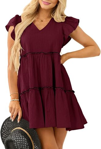 صيف النساء Babydoll Mini Dress v ربطة عنق الورق الخلفي غلاف الكشكش غير الرسمي فستان سوينغ تونك سوينجي in Kuwait