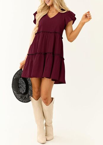 صيف النساء Babydoll Mini Dress v ربطة عنق الورق الخلفي غلاف الكشكش غير الرسمي فستان سوينغ تونك سوينجي in Kuwait