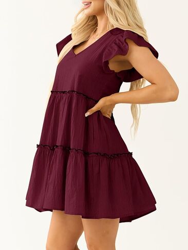 صيف النساء Babydoll Mini Dress v ربطة عنق الورق الخلفي غلاف الكشكش غير الرسمي فستان سوينغ تونك سوينجي in Kuwait