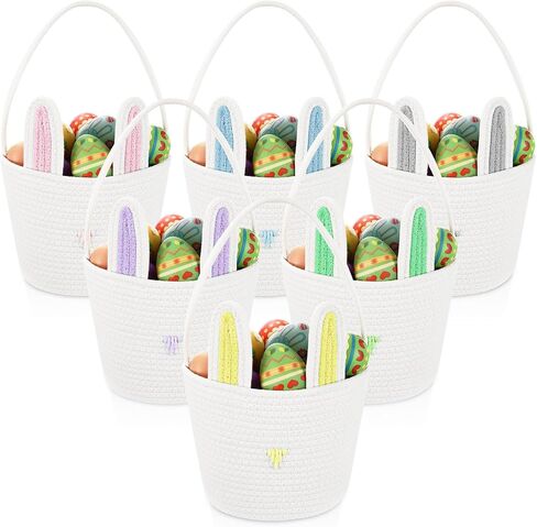 6 Pack Easter Baskets with Handle Woven Bunny Egg Hunt Basket with Rabbit Ears Print Bags Empty Easter Treat Bag Cotton Woven Egg Box for Gifts Party Decorations Favors(Multicolor) in Saudi Arabia