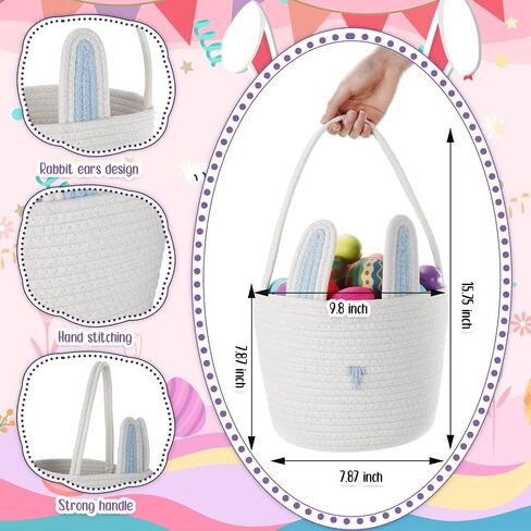 6 Pack Easter Baskets with Handle Woven Bunny Egg Hunt Basket with Rabbit Ears Print Bags Empty Easter Treat Bag Cotton Woven Egg Box for Gifts Party Decorations Favors(Multicolor) in Saudi Arabia