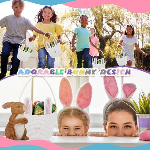 6 Pack Easter Baskets with Handle Woven Bunny Egg Hunt Basket with Rabbit Ears Print Bags Empty Easter Treat Bag Cotton Woven Egg Box for Gifts Party Decorations Favors(Multicolor) in Saudi Arabia