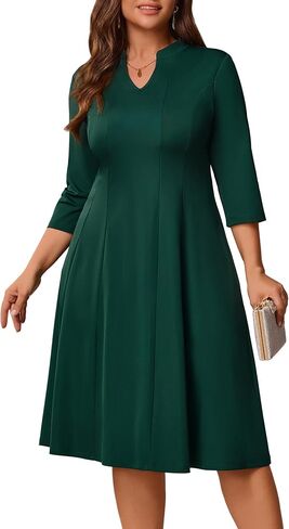 Runwind Plus Size Dresses for Curvy Women V-Neck 3/4 Sleeve Church Wedding Guest Cocktail Party Summer Midi Dress in Saudi Arabia