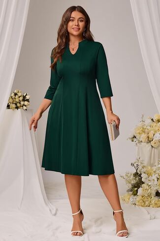 Runwind Plus Size Dresses for Curvy Women V-Neck 3/4 Sleeve Church Wedding Guest Cocktail Party Summer Midi Dress in Saudi Arabia