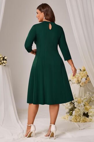 Runwind Plus Size Dresses for Curvy Women V-Neck 3/4 Sleeve Church Wedding Guest Cocktail Party Summer Midi Dress in Saudi Arabia