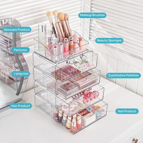 Vtopmart 5 Tier Clear Makeup Organizer with Drawer, Cosmetic Storage for Dresser Countertop and Bathroom Vanity, Beauty Holder for Lipstick Brush Skincare in Kuwait