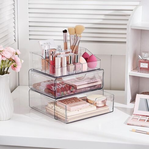 Vtopmart 5 Tier Clear Makeup Organizer with Drawer, Cosmetic Storage for Dresser Countertop and Bathroom Vanity, Beauty Holder for Lipstick Brush Skincare in Kuwait