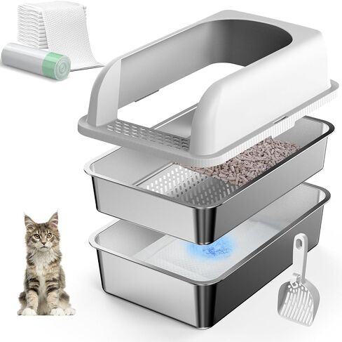 23.5''x15.7''x6'' Enclosed Stainless Steel Litter Box with Lid, XL Sifting Litter Box for Pine Pellets, High Sides Metal Litter Box System for for Big Cats, Anti-Leakage, Easy Cleaning, Less Tracking in Kuwait