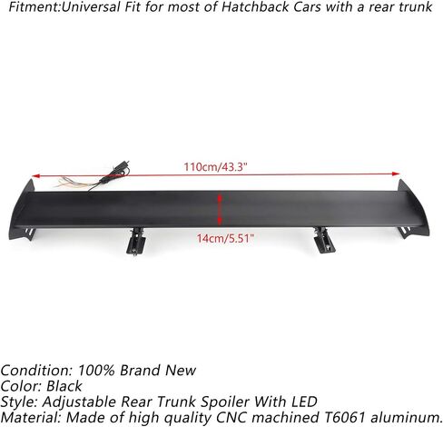 Areyourshop Universal Hatch Adjustable Aluminum Rear Trunk Wing Racing Spoiler with LED in Saudi Arabia