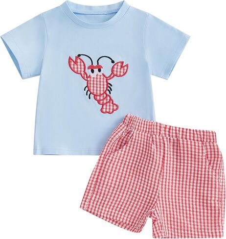 Toddler Baby Boy Clothes Summer Mallard Duck Goose Short Sleeve T-Shirt Tops Plaid Shorts 2Pcs Farm Outfit Set in Saudi Arabia
