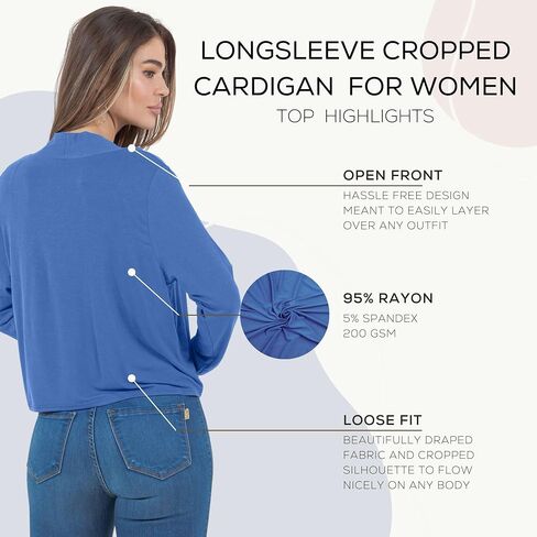 Azules Cropped Cardigan for Women - Open Front Drape, Lightweight Cardigan Jacket Sweater - Long Sleeves Women's Cardigans in Saudi Arabia