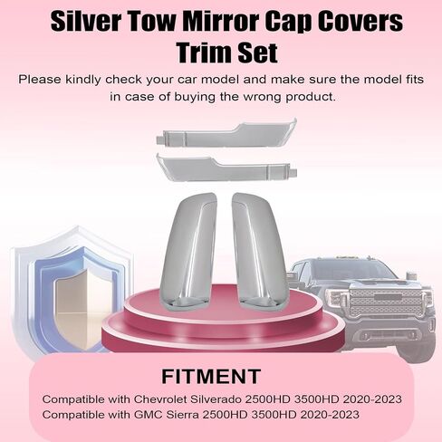NLQR Silver Tow Mirror Cap Covers Trim Set Compatible with Chevrolet Silverado 2500HD 3500HD Compatible with GMC Sierra 2500HD 3500HD 2020-2023 Chrome Top+Side Clip-On Replace #84468905 84468911 in Saudi Arabia