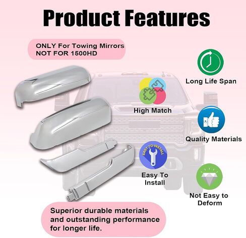 NLQR Silver Tow Mirror Cap Covers Trim Set Compatible with Chevrolet Silverado 2500HD 3500HD Compatible with GMC Sierra 2500HD 3500HD 2020-2023 Chrome Top+Side Clip-On Replace #84468905 84468911 in Saudi Arabia
