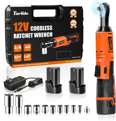 Cordless Electric Ratchet Wrench, 3/8" 12V Battery Powered Ratchet Tool Kit, 4" Extended 40 Ft-Lbs 400 RPM Ratchet Wrench Set with LED Light, 2 Batteries, 11 Sockets and Fast Charger-Orange in Saudi Arabia