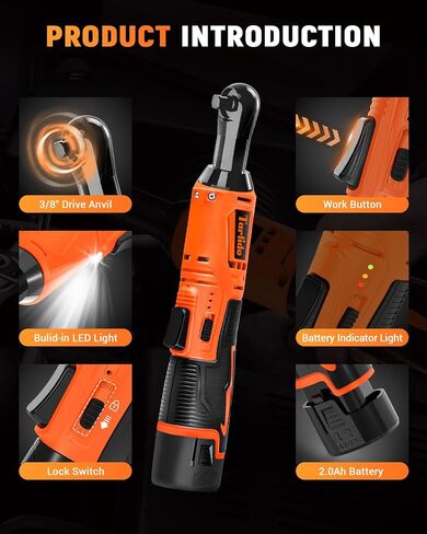 Cordless Electric Ratchet Wrench, 3/8" 12V Battery Powered Ratchet Tool Kit, 4" Extended 40 Ft-Lbs 400 RPM Ratchet Wrench Set with LED Light, 2 Batteries, 11 Sockets and Fast Charger-Orange in Saudi Arabia