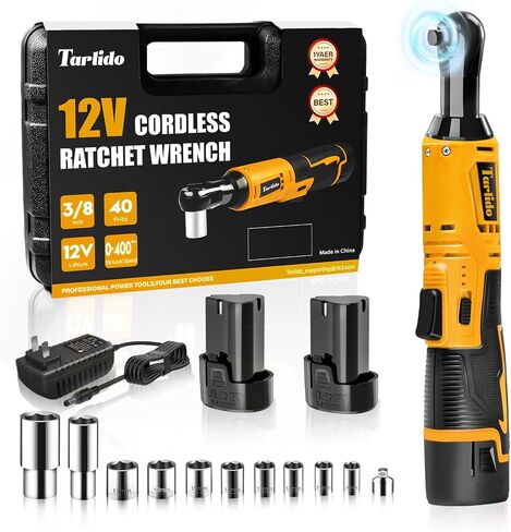 Cordless Electric Ratchet Wrench, 3/8" 12V Battery Powered Ratchet Tool Kit, 4" Extended 40 Ft-Lbs 400 RPM Ratchet Wrench Set with LED Light, 2 Batteries, 11 Sockets and Fast Charger-Orange in Saudi Arabia