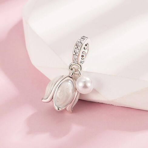 925 Sterling Silver Tulip Flower Charm Pearl Accent Dangle Pendant Fit for Pandora Charm Bracelets and Necklaces For Women in Saudi Arabia