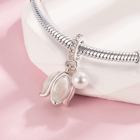 925 Sterling Silver Tulip Flower Charm Pearl Accent Dangle Pendant Fit for Pandora Charm Bracelets and Necklaces For Women in Saudi Arabia