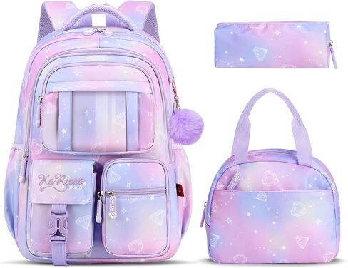 Tanou Backpack with Lunch Box for Girls, Kawaii Set School Bag for Kid Elementary Middle School, Aesthetic Laptop Bookbag Lightweight, Purple in Kuwait