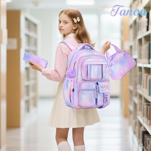 Tanou Backpack with Lunch Box for Girls, Kawaii Set School Bag for Kid Elementary Middle School, Aesthetic Laptop Bookbag Lightweight, Purple in Kuwait