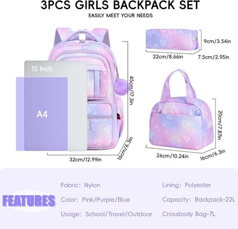 Tanou Backpack with Lunch Box for Girls, Kawaii Set School Bag for Kid Elementary Middle School, Aesthetic Laptop Bookbag Lightweight, Purple in Kuwait