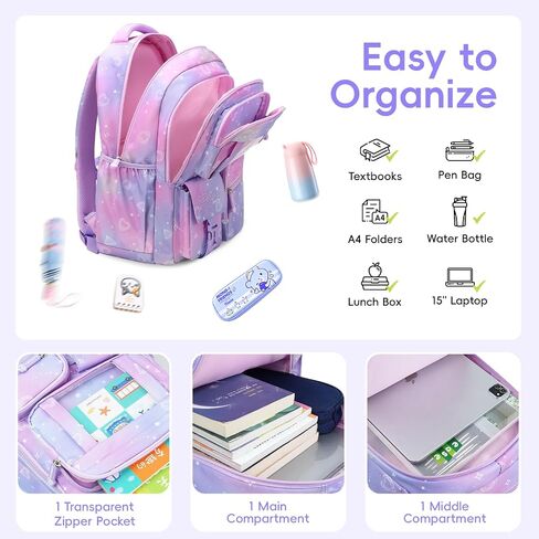 Tanou Backpack with Lunch Box for Girls, Kawaii Set School Bag for Kid Elementary Middle School, Aesthetic Laptop Bookbag Lightweight, Purple in Kuwait