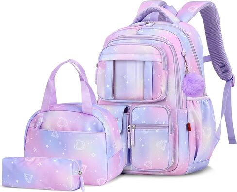 Tanou Backpack with Lunch Box for Girls, Kawaii Set School Bag for Kid Elementary Middle School, Aesthetic Laptop Bookbag Lightweight, Purple in Kuwait