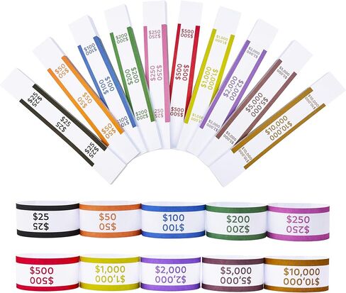 600pcs Money Bands for Cash - Self-Adhesive Money Wrappers for Bills, Currency Straps in 12 ABA Standard Colors, Ideal for Banks, Restaurants and Businesses to Organize Cash in Kuwait