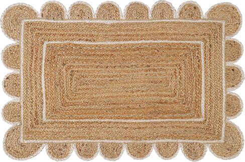 Hand Woven Scalloped Jute Rug - 2’x3’ Feet - Rustic Beige Reversible Rectangular Area Rugs Natural Braided Entry Floor Décor Boho Jute Scalloped Rug 2x3 Feet in Kuwait