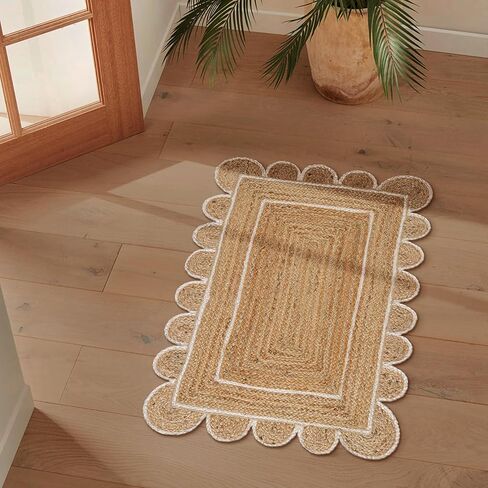 Hand Woven Scalloped Jute Rug - 2’x3’ Feet - Rustic Beige Reversible Rectangular Area Rugs Natural Braided Entry Floor Décor Boho Jute Scalloped Rug 2x3 Feet in Kuwait