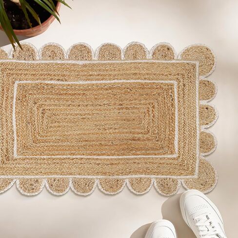 Hand Woven Scalloped Jute Rug - 2’x3’ Feet - Rustic Beige Reversible Rectangular Area Rugs Natural Braided Entry Floor Décor Boho Jute Scalloped Rug 2x3 Feet in Kuwait