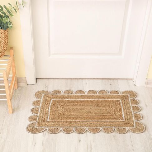 Hand Woven Scalloped Jute Rug - 2’x3’ Feet - Rustic Beige Reversible Rectangular Area Rugs Natural Braided Entry Floor Décor Boho Jute Scalloped Rug 2x3 Feet in Kuwait