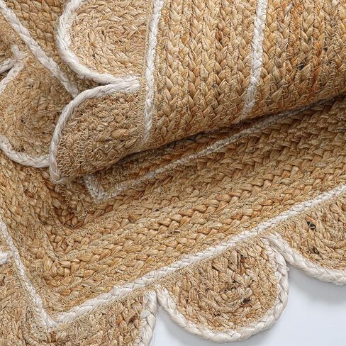 Hand Woven Scalloped Jute Rug - 2’x3’ Feet - Rustic Beige Reversible Rectangular Area Rugs Natural Braided Entry Floor Décor Boho Jute Scalloped Rug 2x3 Feet in Kuwait