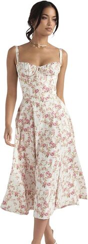 Floral Bustier Midriff Waist Shaper Dress, Print Bustier Sundress Sundresses for Women Slit Long Printed Dress in Saudi Arabia